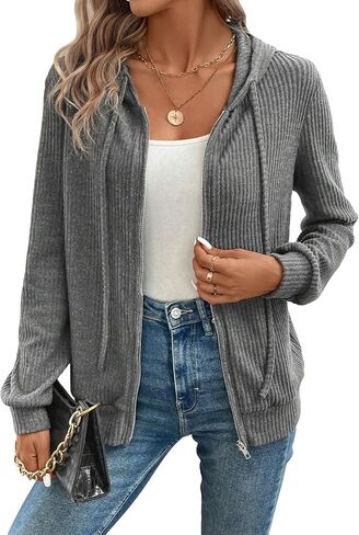 COZYEASE Women's Zip Up Hoodie Long Sleeve Drawstring Ribbed Knit Cardigan Sweatshirt Zipped Hoodies Fall Jacket in Saudi Arabia