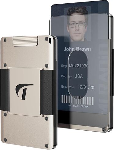محفظة صغيرة للرجال من يوموفين - محفظة معدنية رفيعة قابلة للتمدد من الالومنيوم مع 1 حامل شارة هوية بنافذة شفافة، تحمل ما يصل إلى 15 بطاقة مع حزام للنقود., اللوز المبيض, مُبسط in Kuwait