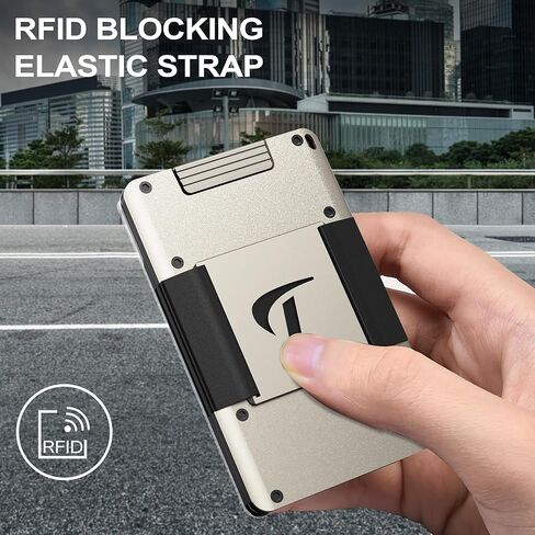 محفظة صغيرة للرجال من يوموفين - محفظة معدنية رفيعة قابلة للتمدد من الالومنيوم مع 1 حامل شارة هوية بنافذة شفافة، تحمل ما يصل إلى 15 بطاقة مع حزام للنقود., اللوز المبيض, مُبسط in Kuwait