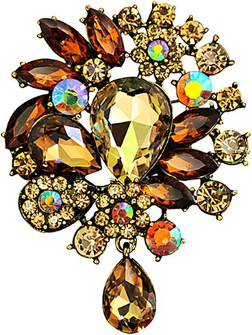 Womenfts Vintage Fashion Brooch,Crystal Antiqued Gold Tone Teardrop Bouquet Style For Party Wedding Ect, yellow, 4.13inchx4.25inchx0.66inch in Saudi Arabia