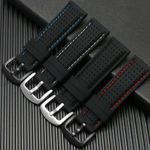 سوار ساعة سيليكون مثقوب من ستراب سيكر ساتون - مشبك فضي - سوار ساعة بديل للرجال والنساء للجنسين مطاط اسود مع غرز متوافق مع معظم الساعات - المقاسات: 20 ملم، 22 ملم، 24 ملم in Kuwait