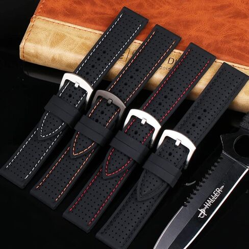 سوار ساعة سيليكون مثقوب من ستراب سيكر ساتون - مشبك فضي - سوار ساعة بديل للرجال والنساء للجنسين مطاط اسود مع غرز متوافق مع معظم الساعات - المقاسات: 20 ملم، 22 ملم، 24 ملم in Kuwait