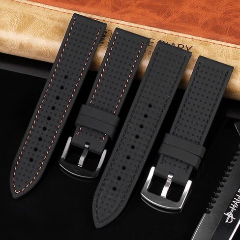 سوار ساعة سيليكون مثقوب من ستراب سيكر ساتون - مشبك فضي - سوار ساعة بديل للرجال والنساء للجنسين مطاط اسود مع غرز متوافق مع معظم الساعات - المقاسات: 20 ملم، 22 ملم، 24 ملم in Kuwait