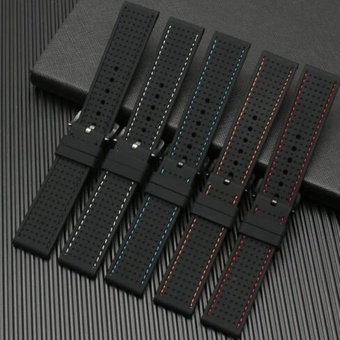 سوار ساعة سيليكون مثقوب من ستراب سيكر ساتون - مشبك فضي - سوار ساعة بديل للرجال والنساء للجنسين مطاط اسود مع غرز متوافق مع معظم الساعات - المقاسات: 20 ملم، 22 ملم، 24 ملم in Kuwait