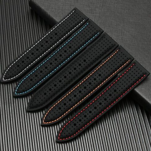 سوار ساعة سيليكون مثقوب من ستراب سيكر ساتون - مشبك فضي - سوار ساعة بديل للرجال والنساء للجنسين مطاط اسود مع غرز متوافق مع معظم الساعات - المقاسات: 20 ملم، 22 ملم، 24 ملم in Kuwait