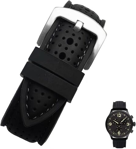 سوار ساعة سيليكون مثقوب من ستراب سيكر ساتون - مشبك فضي - سوار ساعة بديل للرجال والنساء للجنسين مطاط اسود مع غرز متوافق مع معظم الساعات - المقاسات: 20 ملم، 22 ملم، 24 ملم in Kuwait