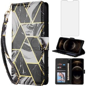 Compatible with iPhone 12 Pro Max 6.7 Wallet Case and Tempered Glass Screen Protector Leather Flip Card Holder Phone Cover for iPhone12promax 5G i 12s Plus iPhone12 12pro Promax Women Men Rose Gold