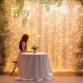White Sheer Tulle Backdrop Curtain with Lights String- Wedding Backdrop Decorations for Reception Ceremony Home Party Photoshoot Background Fabric Curtains Backdrop 10ft x 8ft