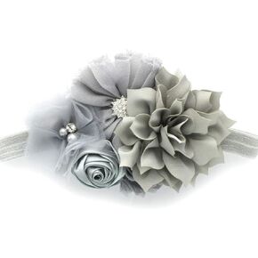 Headband Shabby Fabric Flower Cluster Baby - Infant - Toddler - Girl Stretchy Elastic Gray