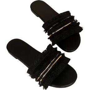 GORGLITTER Women's Fringe Trim Metallic Strap Flat Sandals Round Open Toe Slip On Slide Sandals
