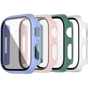 4-Pack Tempered Glass Screen Protector Compatible with Apple Watch Series 9 8 7 Case 45mm, Hard PC Case Slim Overall Protective Cover HD Ultra-Thin Cover for iwatch Accessories