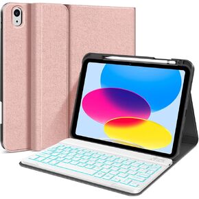 Backlit Keyboard Case for iPad 10th 10.9" 2022 case，Smart Detachable Wireless keyboard with Slim Stand Cover Pencil Holder with Type-C charger Model (A2696/A2757/A2777) Rose Gold