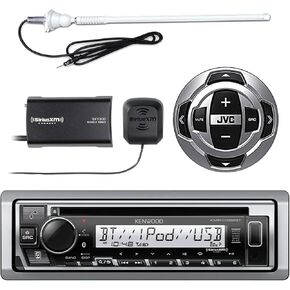Kenwood in-Dash Single DIN Bluetooth Marine USB/AUX CD Player Receiver with Wired Remote Control, Satellite Radio Tuner Kit, Long Range White Antenna