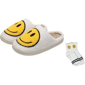 Smiley Face Slippers Women,Plush Slipp-Ers Cute Cartoon Non Slip Indoor Plush Warm Winter Home Shoes