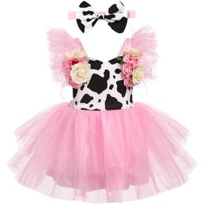 IMEKIS Toddler Baby Girl Cow Birthday Outfit Boho Backless Tutu Dress with Headband Cake Smash Photo Shoot