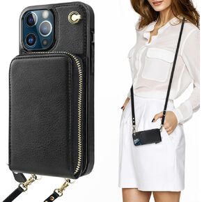 KIHUWEY Crossbody Wallet Case for iPhone 13 Pro Max, Zipper Pocket Case with Card Holder, PU Leather Protective Cover Case with Kickstand Detachable Wrist Strap Lanyard 6.7"(Black)