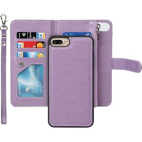 iCoverCase for iPhone 8 Plus/7 Plus/6s Plus/6 Plus Wallet Case with Card Holder and Wrist Strap, PU Leather Kickstand Card Slots Magnetic [Detachable] Flip Cover Case 5.5 Inch (Rose Gold)