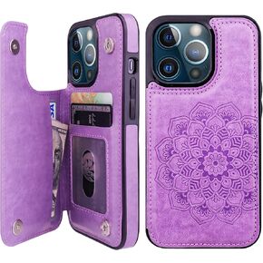 Vaburs Compatible with iPhone 13 Pro Case Wallet with Card Holder, Embossed Mandala Pattern Flower PU Leather Double Buttons Flip Shockproof Cover for Magnetic Car Mount 6.1 Inch (Blue)