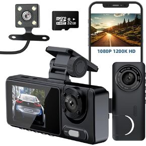 Dash Cam,1080P Dash Camera for Cars with 2 inch IPS Screen, 170°Wide Angle, Car Camera Front Rear with 32GB SD, 3 Channel Dash Cam 24H Parking Mode, Loop Recording, Night Vision, G-Sensor