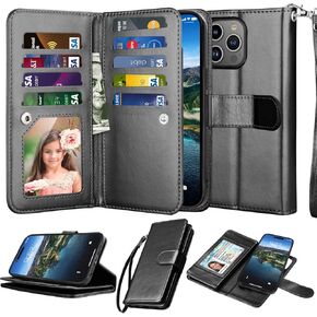 NJJEX Wallet Case for iPhone 15 Pro Max 6.7" 2023, for iPhone 15 Pro Max Case, [9 Card Slots] PU Leather ID Credit Holder Folio Flip [Detachable] Kickstand Magnetic Phone Cover & Lanyard [Wine Red]