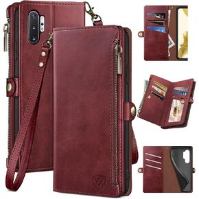 XcaseBar for Samsung Galaxy Note 10 Plus Wallet case with Zipper Credit Card Holder【RFID Blocking】, Flip Folio Book PU Leather Phone case Shockproof Cover Women Men for Note 10+ case Wine Red