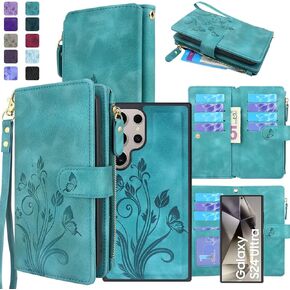 Lacass Case Wallet for Samsung Galaxy S24 Ultra 6.8 inch 2024, [12 Card Slots] ID Credit Cash Holder Zipper Pocket Detachable Leather Wallet Cover with Wrist Strap Lanyard（Floral Blue Purple）