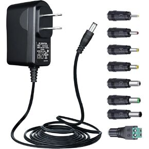 UL Listed 12V 1A 10ft Power Adapter with 8 Interchangeable Tips, AC to DC 1000mA 12W Regulated Power Supply Cord for LED Strip Lights BT Speaker Router Webcam CCTV Camera and More