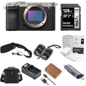 Sony Alpha a7CR Mirrorless Camera Body, Silver, Bundle with Shoulder Bag, 128GB SD Card, Card Reader, Extra Battery, Charger, Camera Strap, Tissue Paper