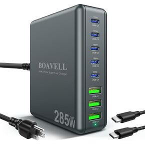 USB C Charger, 8 Ports GaN 285W USB C Charger Block with 5FT 100W USB C Charger Cable, USB C Wall Charger Fast Charging for iPhone 15 14 13 12, MacBook, iPad, Galaxy and More