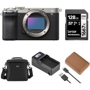 Sony Alpha a7CR Mirrorless Camera Body, Silver, Bundle with Shoulder Bag, 128GB SD Card, Extra Battery, Charger