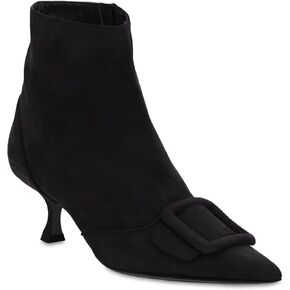 Coutgo Women's Kitten Heel Ankle Boots Pointed Toe Side Zipper Square Buckle Winter Booties