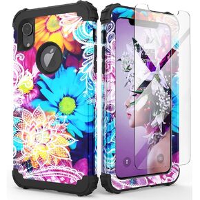 IDweel for iPhone XR Case with Tempered Glass Screen Protector for Women, 3 in 1 Shockproof Slim Hybrid Heavy Duty Hard PC Cover Soft Silicone Bumper Full Body Case, Rose Gold