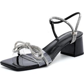 kkdom Women's Block Chunky Heels Sandals Rhinestone Bowknots Crystal Sandals Sexy Square Toe Dressy Shoes for Dating Party Wedding
