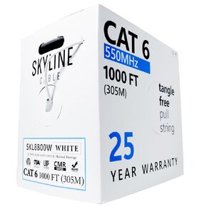 Skyline Cat 6 23 AWG 550 Mhz Solid Bare Copper Ethernet Bulk Network Cable - CMR Rated (1,000ft Pull Box/White)