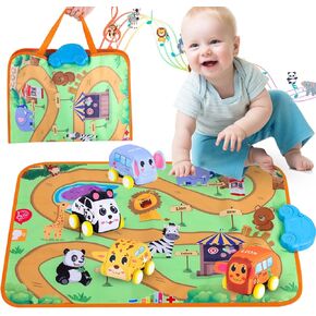 New Pull Back Vehicle & Music Mat Set, Soft Baby Toy Set with 4 Cute Animal Cars and Touch Play Blanket, New Interactive Mode, Folding and Storage 2-in-1, First Birthday Gifts for Toddler Toys 1-3
