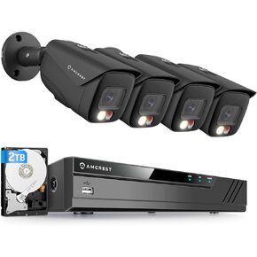 Amcrest 4K Security Camera System, 4K 8CH PoE NVR, (4) x 4K Night Color Bullet POE IP Cameras, Active Deterrent, Pre-Installed 2TB Hard Drive, NV4108E-2796EB4-2TB (Black)