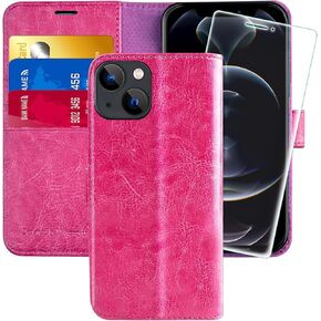 MONASAY Wallet Case Compatible for iPhone 14/13 5G,[Glass Screen Protector Included] [RFID Blocking] Flip Folio Leather Cell Phone Cover with Credit Card Holder，6.1-inch，Purple