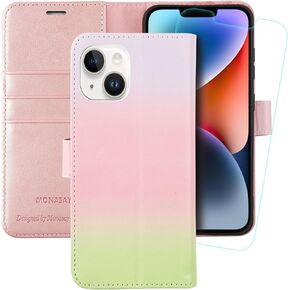حافظة محفظة MONASAY متوافقة مع iPhone 14/13 5G، [يتضمن واقي شاشة زجاجي] [حجب RFID] غطاء هاتف خلوي من الجلد القابل للطي مع حامل بطاقة الائتمان، 6.1 بوصة، أرجواني