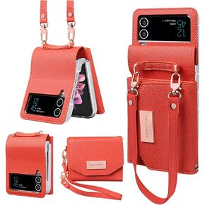 for Samsung Galaxy Z Flip 3 Wallet Case with Built-in Leather Cash Slot and Credit Card Holder. Wristlet Strap and Hinge Protection, Carrying Handbag Phone Case for Women Ladies.(Black)