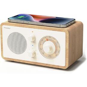 mooas Classic Dial Wireless Charging Radio Retro مكبر صوت بلوتوث (عاجي)، شاحن لاسلكي Max.10W، راديو FM، وضع SD/Aux، مقبض صوت تناظري، متوافق مع iPhone، Galaxy، Airpods، Galaxy Buds