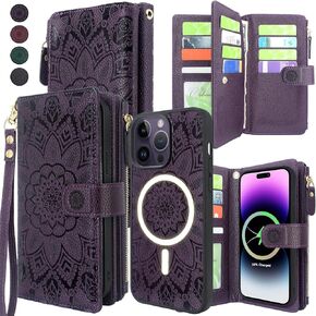 Harryshell Detachable Magnetic Case Wallet for iPhone 14 Pro Max Compatible with MagSafe Wireless Charging Protective Cover Multi Card Slots Cash Coin Zipper Pocket Wrist Strap (Floral Deep Purple)