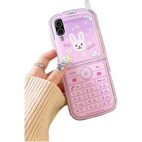 حافظة Kawaii Bunny لهاتف Galaxy Z Flip 6 بحامل مخفي، حافظة للفتيات لهاتف Galaxy Z Flip 6 طباعة هاتف وردي لطيف، حافظة بمسند جرلي جميلة لهاتف Galaxy Z Flip 6 مع غطاء شاشة أمامي