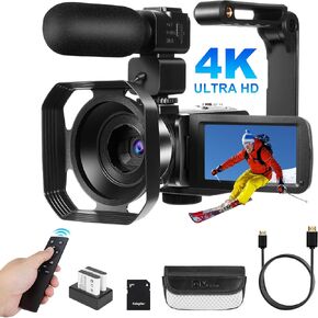 4K 48MP Video Camera Camcorder, 18X Zoom WiFi IR Night Vision Vlogging Camera with Microphone for YouTube, 3" Screen 270°Degree Rotation Camcorder Camera, Stabilizer, Lens Hood, Remote,2 Batteries,BK