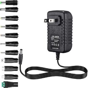 12V 2A AC Adapter Charger Replacement with 11 Tips, Regulated 12 Volts 2000mA Power Supply Cord for LED Strip Light, CCTV Camera, BT Speaker, GPS, Webcam, Router, DC12V Transformer