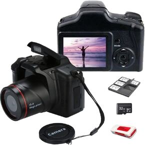 كاميرا رقمية، كاميرا صور 16 ميجابكسل، كاميرا SLR رقمية صغيرة، مستشعر CMOS 2.4 بوصة TFT LCD مدمج مع بطاقة SD سعة 32 جيجابايت، حامل بطاقات، قارئ بطاقات، فيديو تكبير رقمي 16X للأطفال المبتدئين والبالغين in Kuwait