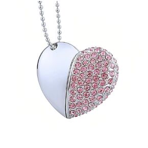 128GB Crystal Loving Heart Jewelry USB Flash Drive Memory Stick with Necklace,Pink