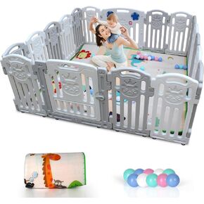 Baby Playpen, 18-Panel Play Yard for Babies Safety, Custom Shape & Lockable Gates & Anti-Slip Rubber Bases, Portable Toddlers Fence with Ocean Ball Floor Mat, 66" x 66" in Kuwait