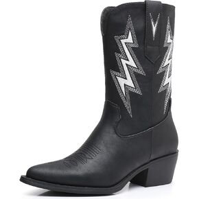 GLOBALWIN Women's Mid Calf Western Cowboy Cowgirl Pointed Toe Boots With Chunky Low Heels