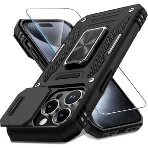 DEERLAMN for iPhone 15 Pro Case with Slide Camera Cover+Screen Protector(1 Pack), Rotated Ring Kickstand Military Grade Shockproof Protective Cover 6.1 Inch-Black