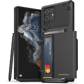 VRS DESIGN Compatible with Galaxy S22 Ultra Case [Damda Glide Pro], Sturdy Semi Auto Wallet [4 Cards] Case for Galaxy S22 Ultra (2022), Groove Black